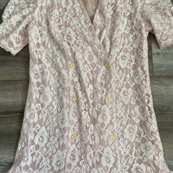 Vintage Pink Lace Overlay Drop Waist Button Down Vneck Dress Shoulder Pads - Picture 4 of 10
